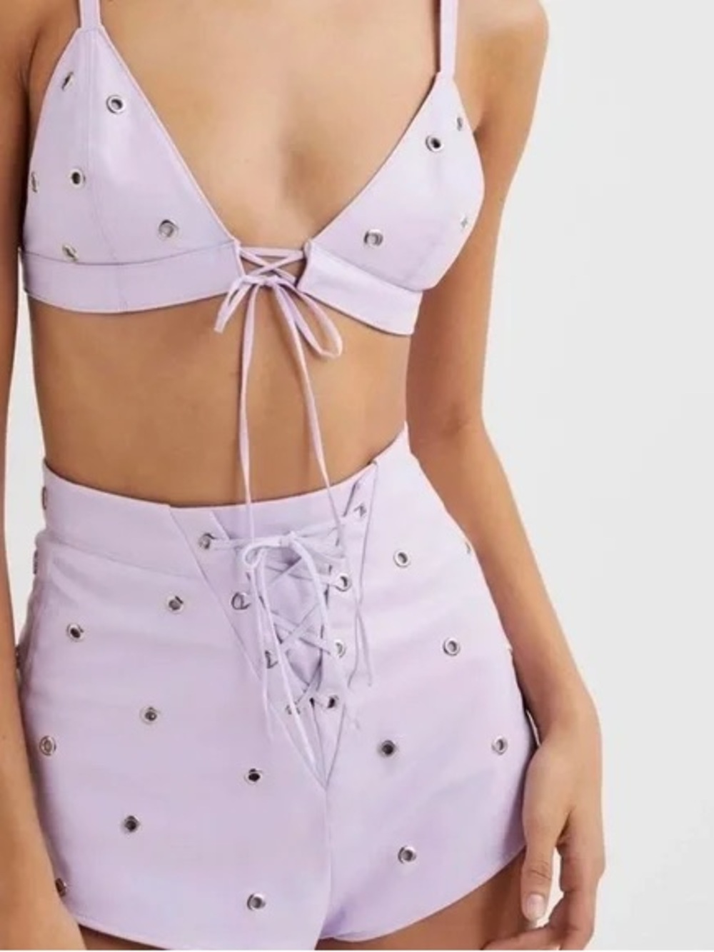 For Love & Lemons Lilac Roxie Bra and Lace-Up Shorts Two-Piece Set